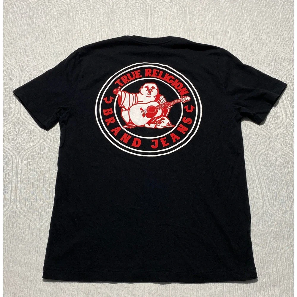 True Religion Buddha Logo Seal T-shirt Mens M Black‎ Guitar Graphic Logo